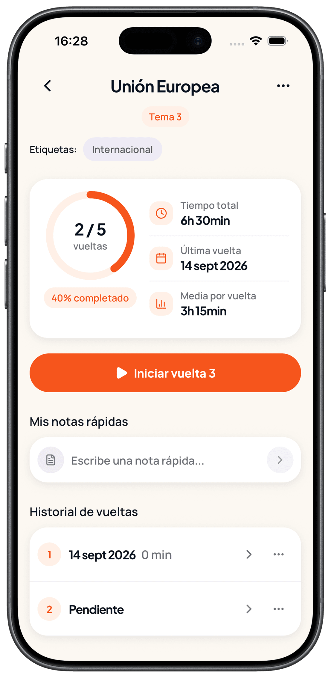 Detalle de un tema en OpoGo!, con cronómetro y vueltas
