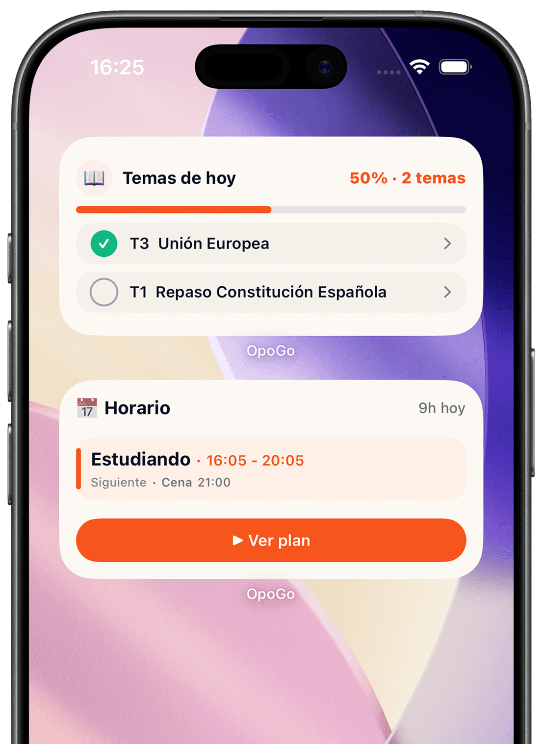 Widgets de OpoGo! en iPhone: Temas de hoy y Horario